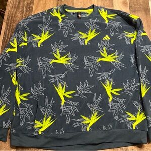 Adidas Men's Gray and Neon Yellow Leaf Pattern Sweater